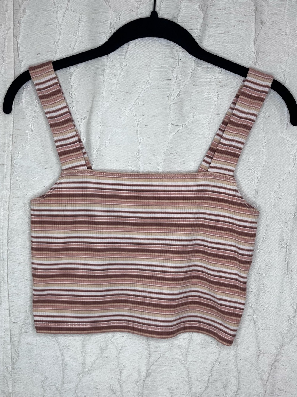 Small American Eagle Outfitters Striped Ribbed Square-Neck Crop Top Pink & Brown